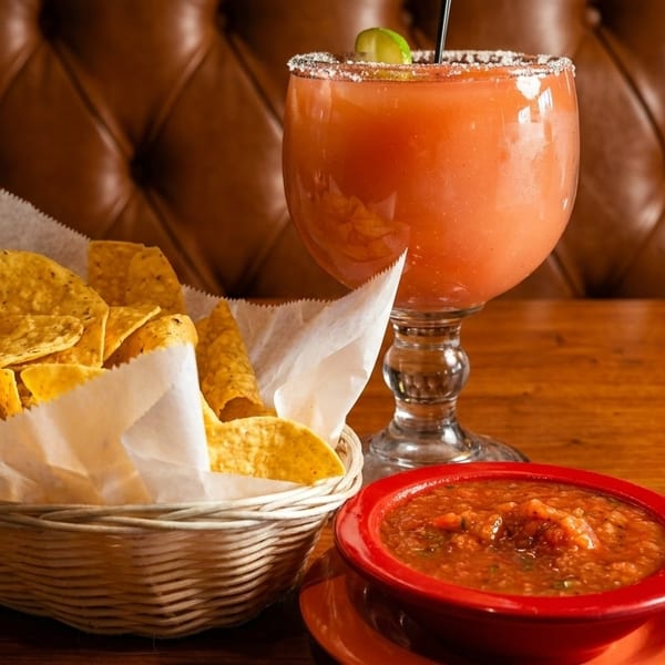 A basket of tortilla chips, a bowl of salsa, and a large red margarita on a wooden table.