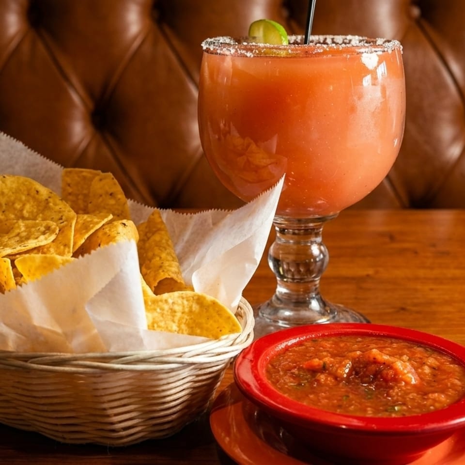 A basket of tortilla chips, a bowl of salsa, and a large red margarita on a wooden table.