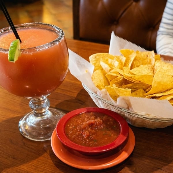 A frozen margarita with a lime, a basket of tortilla chips, and a bowl of salsa on a wooden table.