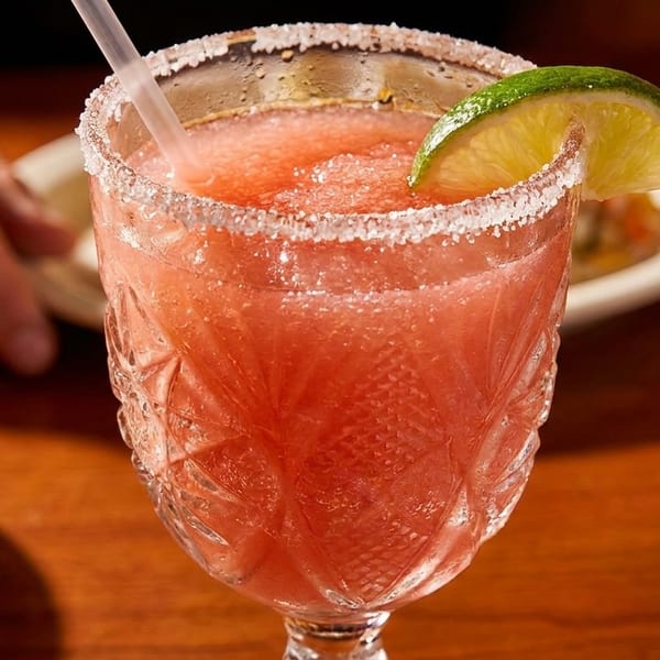 A vibrant red frozen margarita with a salted rim and lime wedge, next to a person's hand.